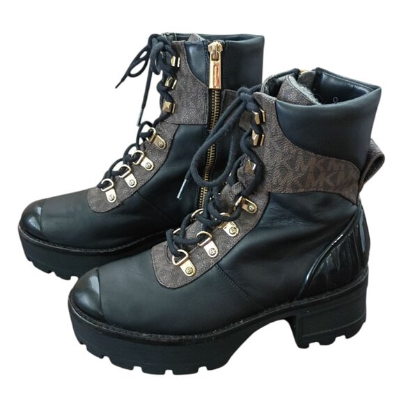 Michael Kors Khloe Black Leather Combat Boots Lace-Up Zip Size 8